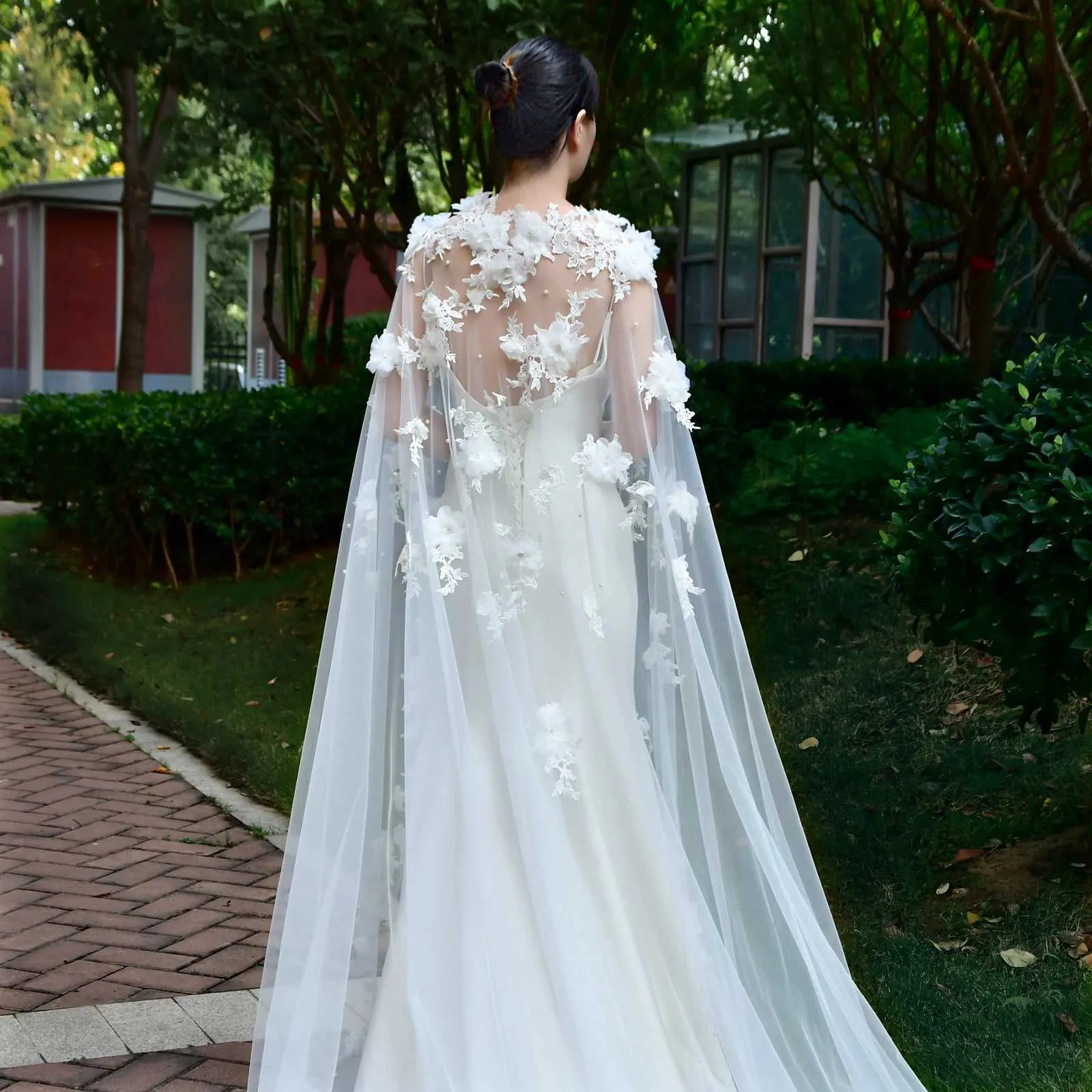 Hair Jewelry Womens Long Capes Veil 3D Flowers Bridal Cloak Wedding Accessories For Bride Bolero Shawl Soft Evening Cape_voghion.com