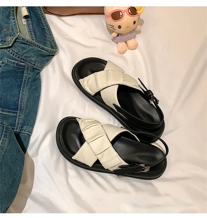 Comfortable Pleated Beach Shoes Thick Sole Roman Sandals_voghion.com