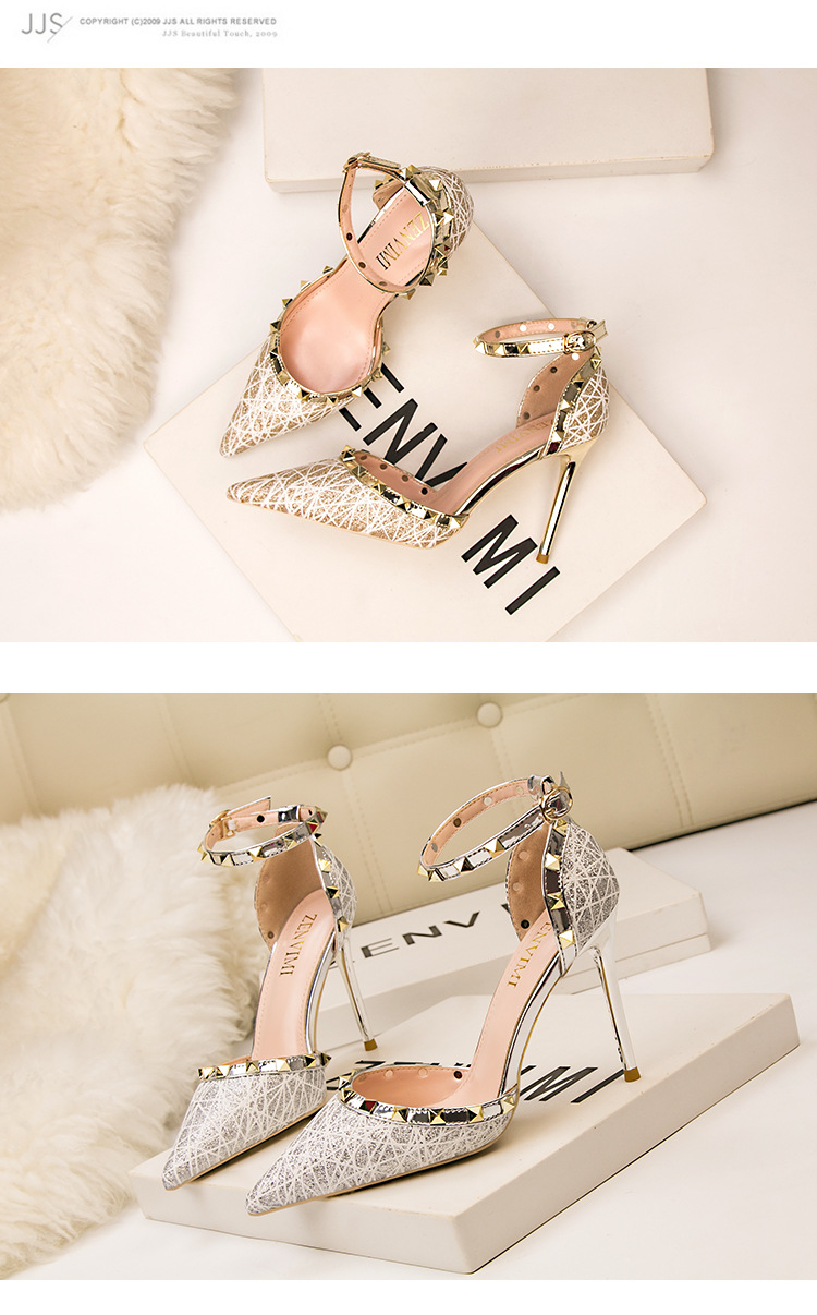 9288-20 Sexy Abnehmen Stiletto Nachtclub Damen Schuhe High Heels Flach Spitzschuh Hohl Niet Strap Sandalen_voghion.com