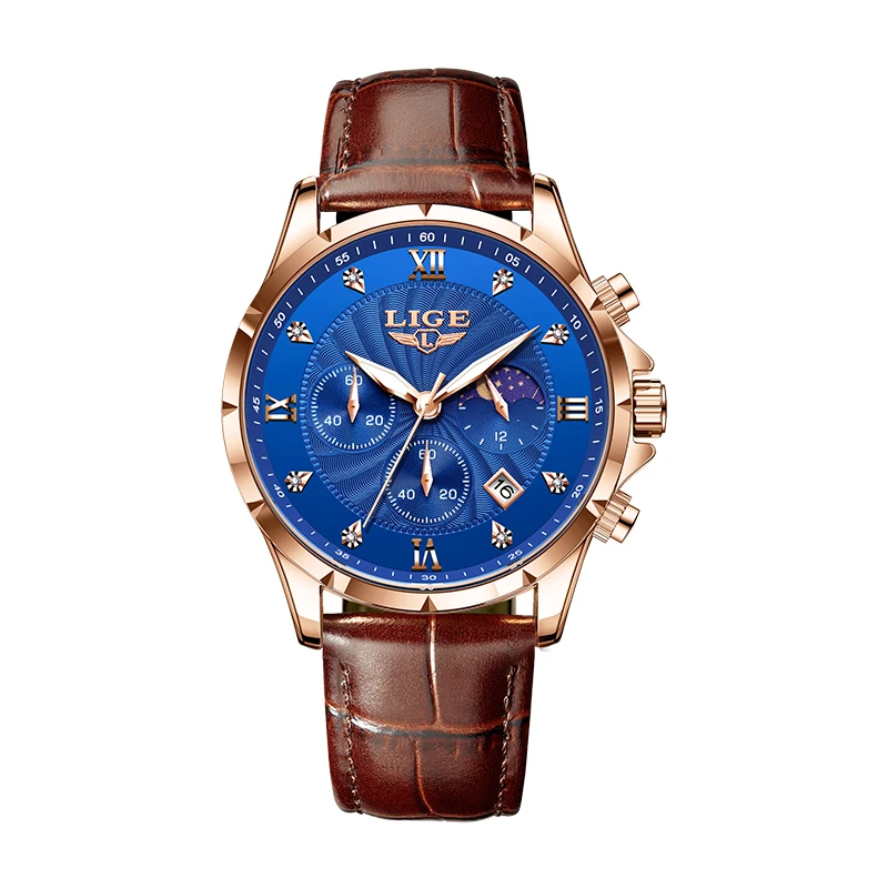 Men's Luxury Quartz Watch With Moon Phase Leather Strap Date_voghion.com