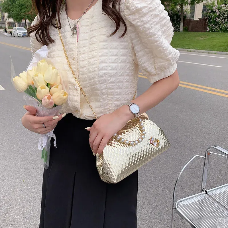 Sacs à bandoulière en argent doré pour femmes, pochette de soirée en perles, chaîne, clip, sacs à main de fête 240821_voghion.com