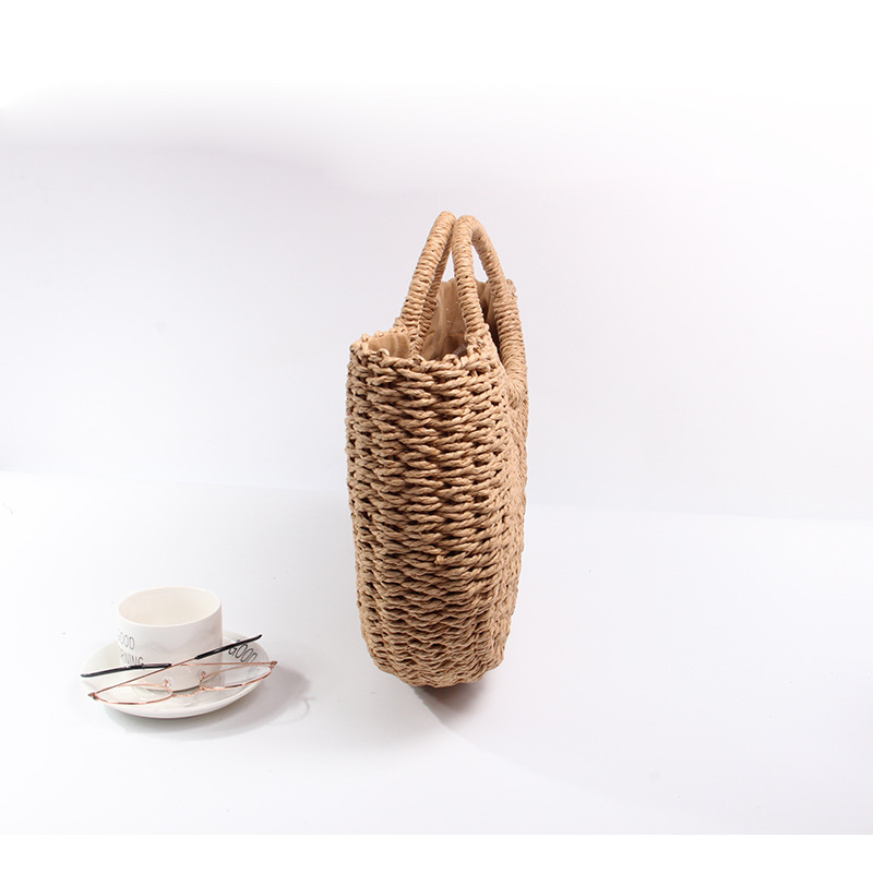 wiosenno-letnia torba słomkowa papierowa lina okrągła torba wiaderkowa prosta tkana torba damska w stylu retro casualowa torebka_voghion.com