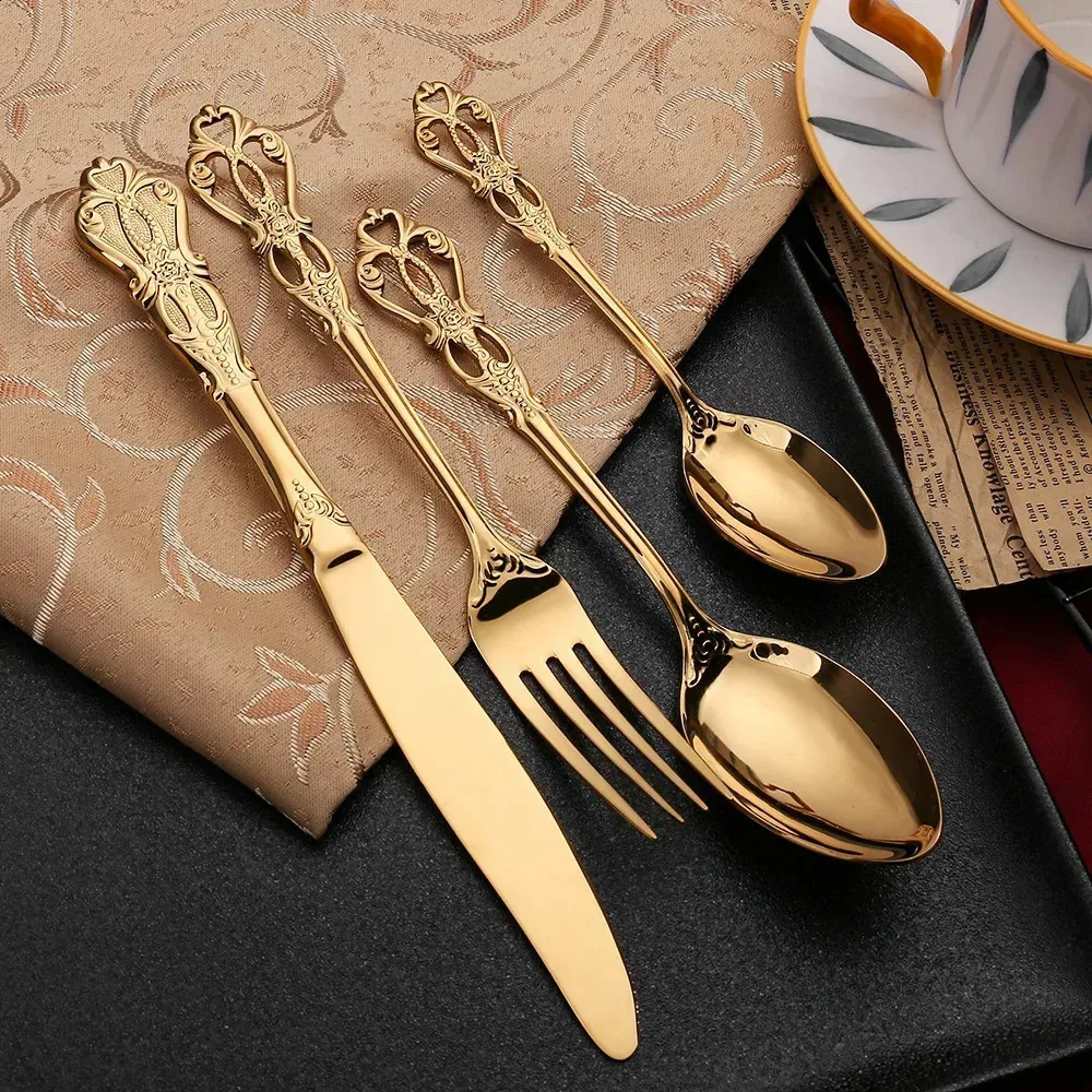 Conjunto de talheres de aço inoxidável dourado, colher, garfo e faca de bife europeus, retrô, oco, louça, talheres_voghion.com