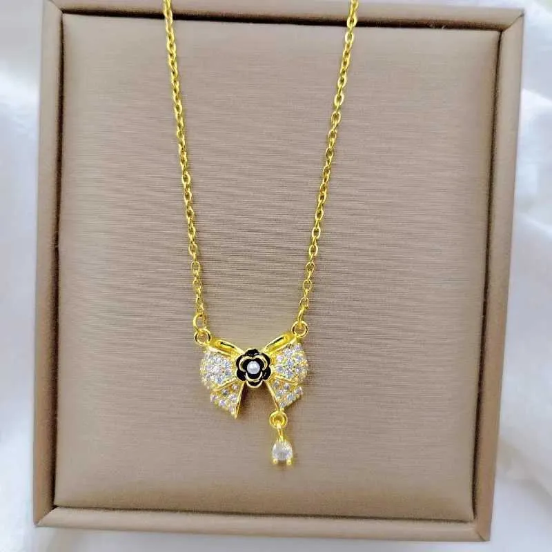 Collane con ciondolo Moda Carino Bellissimo fiocco Collana Classico Retro Romantico Nero Rosa Versatile Acciaio inossidabile_voghion.com