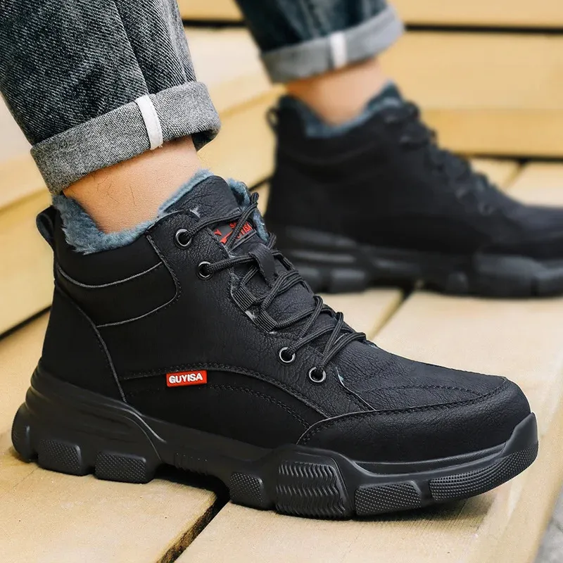 Bottes de sécurité d'hiver en cuir noir pour hommes, chaussures de travail imperméables et anti-pression, embout en acier indestructible_voghion.com