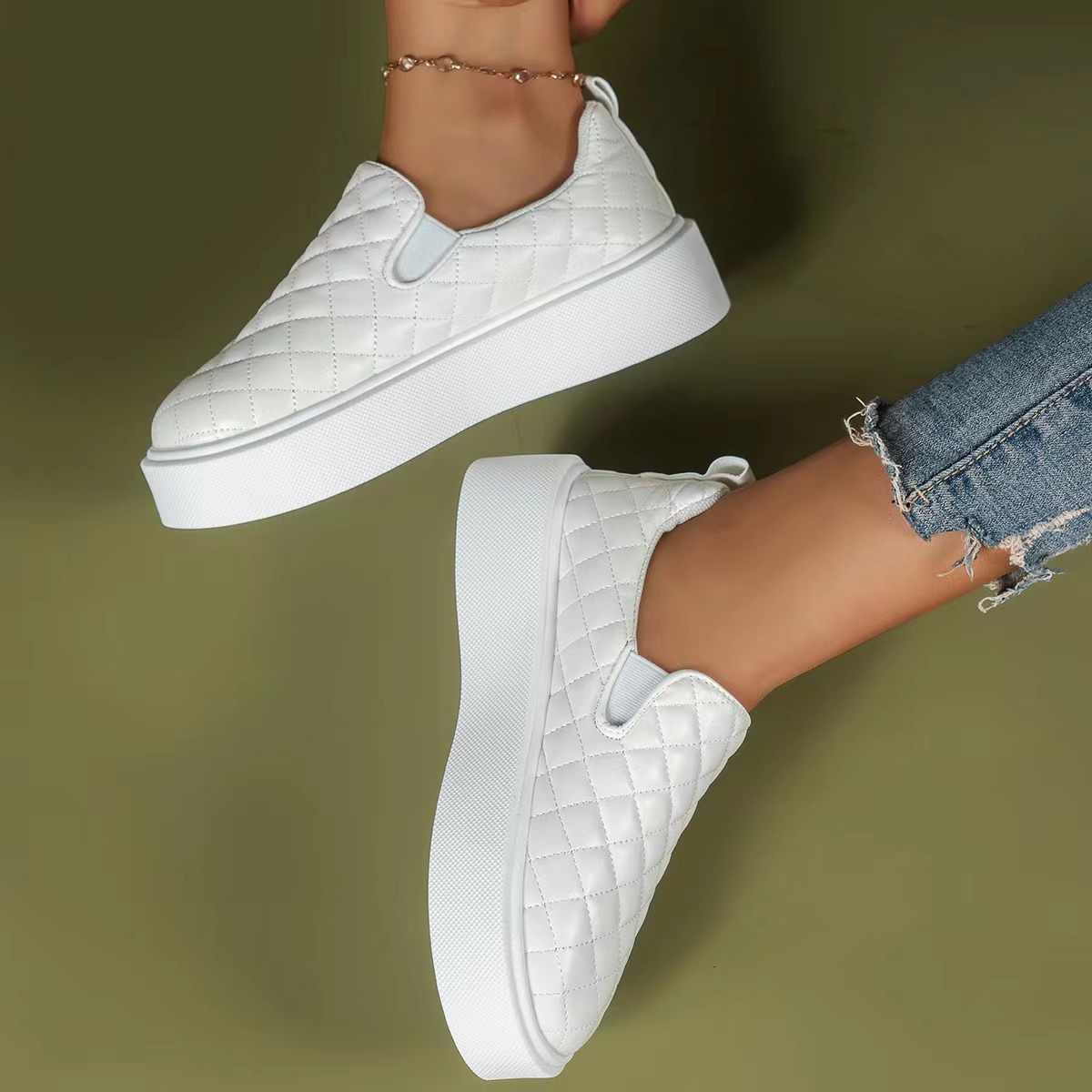 Damenmode große Größe flache flache runde Kopf niedrige karierte Einzelschuhe für Frauen einfache einfarbige Fußset faule Halbschuhe_voghion.com