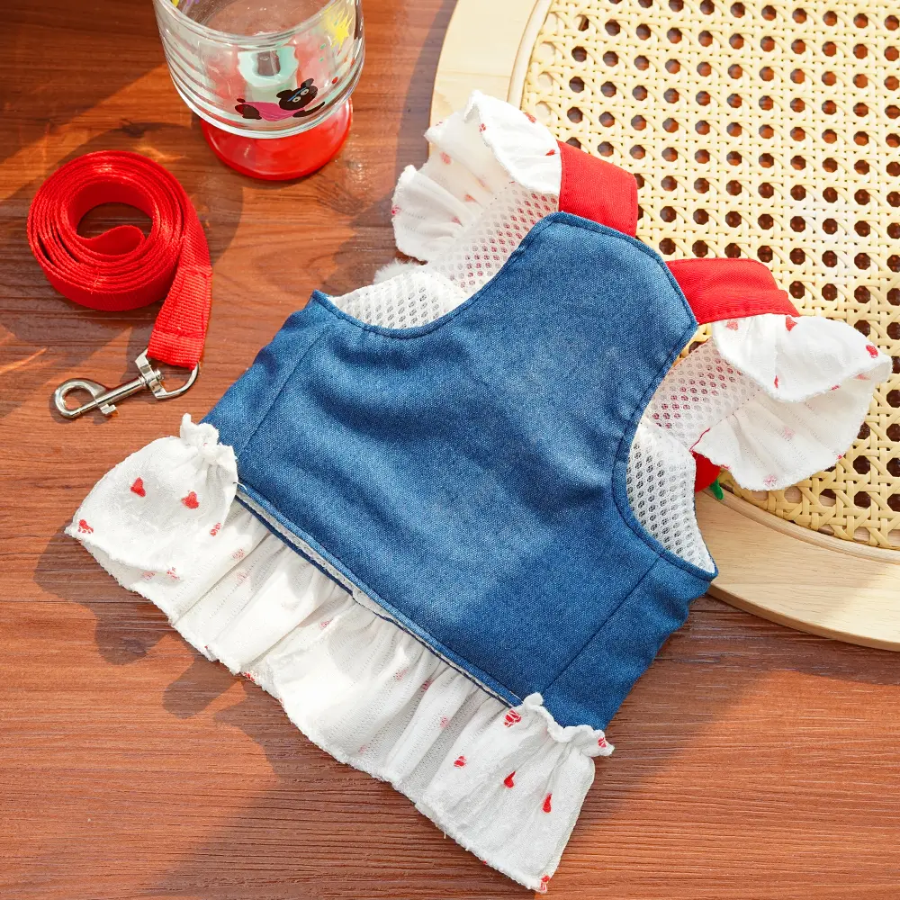Chest Back Pet Cat Clothes Princess Thin Denim Cartoon Leash Dress Small Dog Spring Summer New Arrival_voghion.com