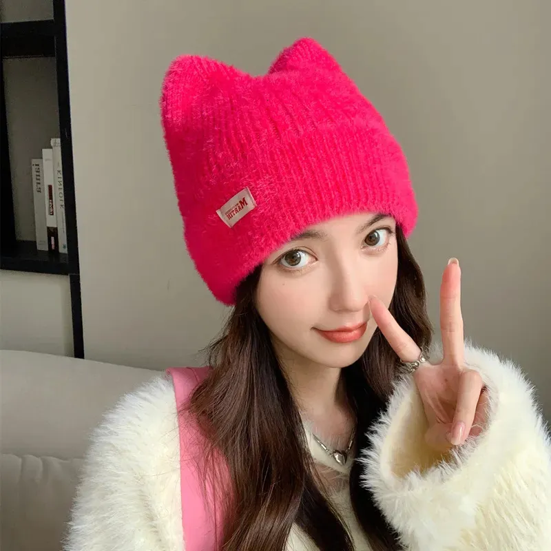 Ženske kape BeanieSkull, slatke mačje uši, zimska kapa s ušima, modna krznena pletena Kpop stila, mekane kape Beanie, ženske slatkiši_voghion.com