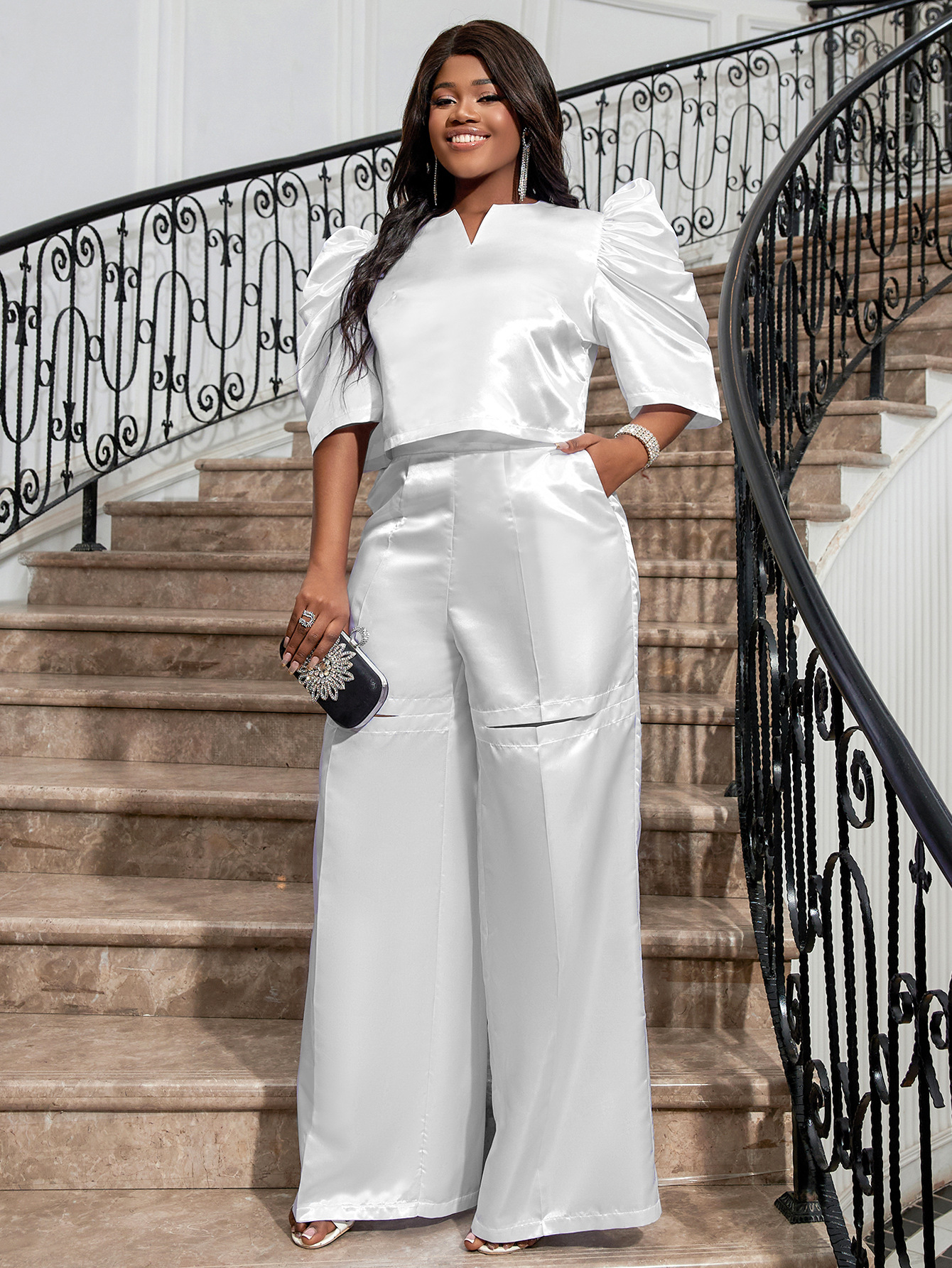 Women's solid color half-open collar top high waist wide leg pants suit large size female two-piece set_voghion.com
