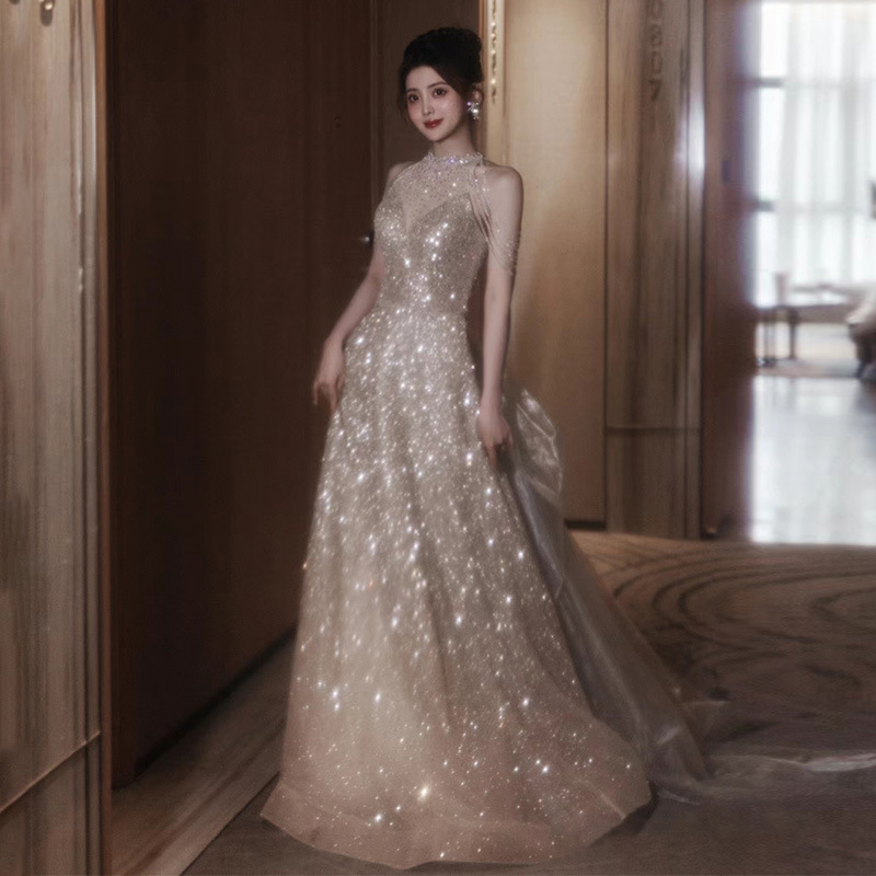 Women's Clothing New Champagne Color Host Birthday Adult Ceremony Art Exam Dress Temperament Celebrity Female