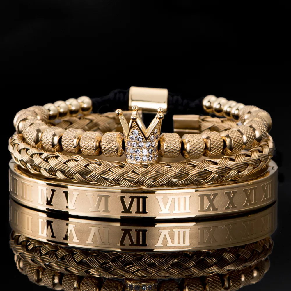 3 stk/sett Micro Pave CZ Crown Roman Royal Charm Men Armbånd Rustfritt stål Krystaller Armbånd Par Håndlagde smykker_voghion.com