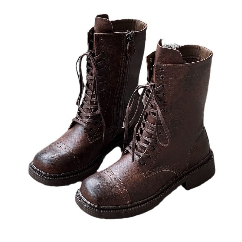 Botas curtas femininas estilo passarela de couro europeu marrom Martin com cadarço britânico Maillard com solado macio Western Denim_voghion.com