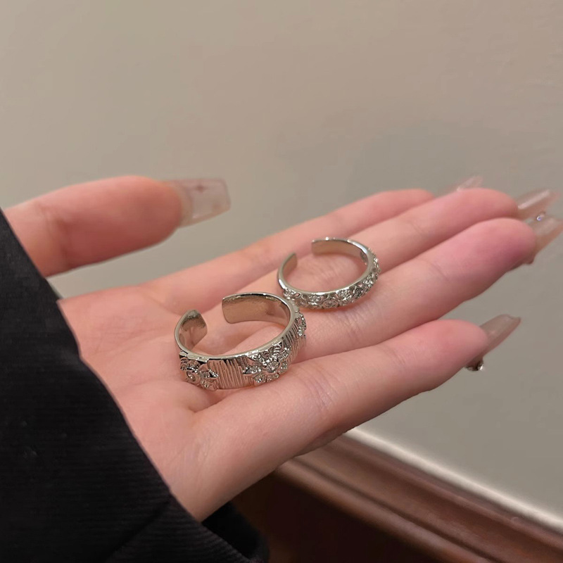 Conjunto de duas peças minimalista francês personalizado anel aberto escovado para mulheres com um estilo delicado, cheio de diamantes,_voghion.com