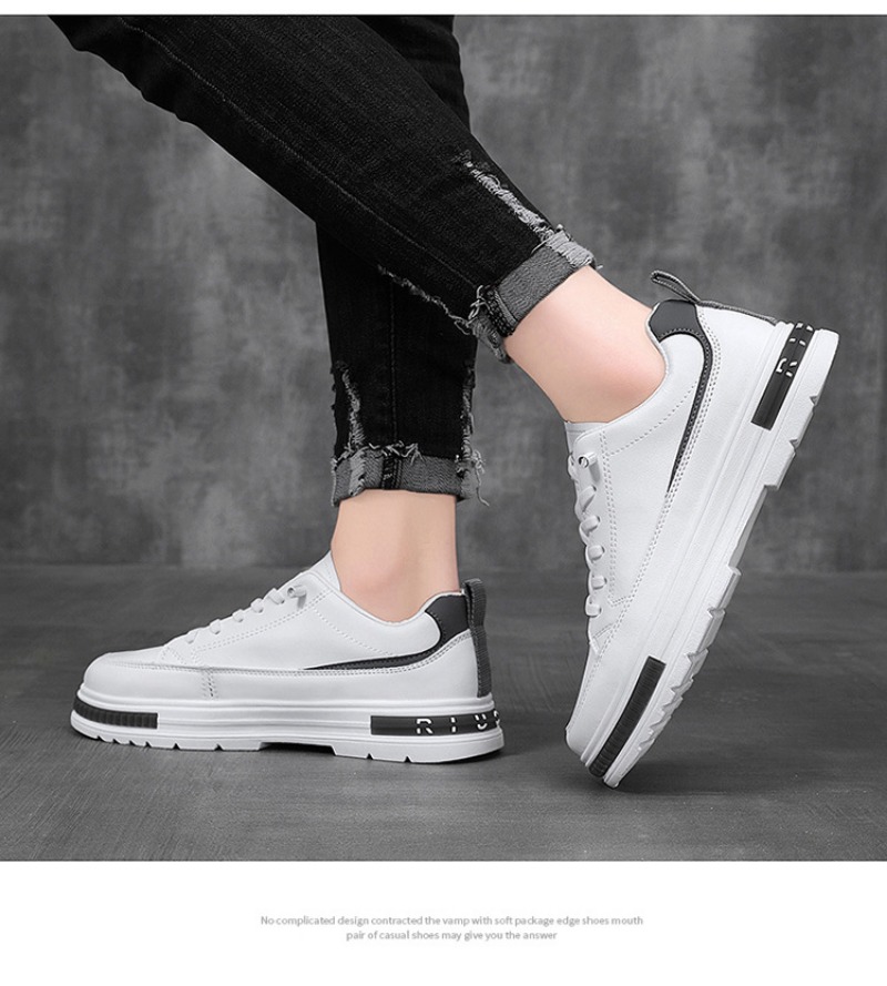 White Leather Men's Casual Trainers Comfortable Walking Shoes_voghion.com