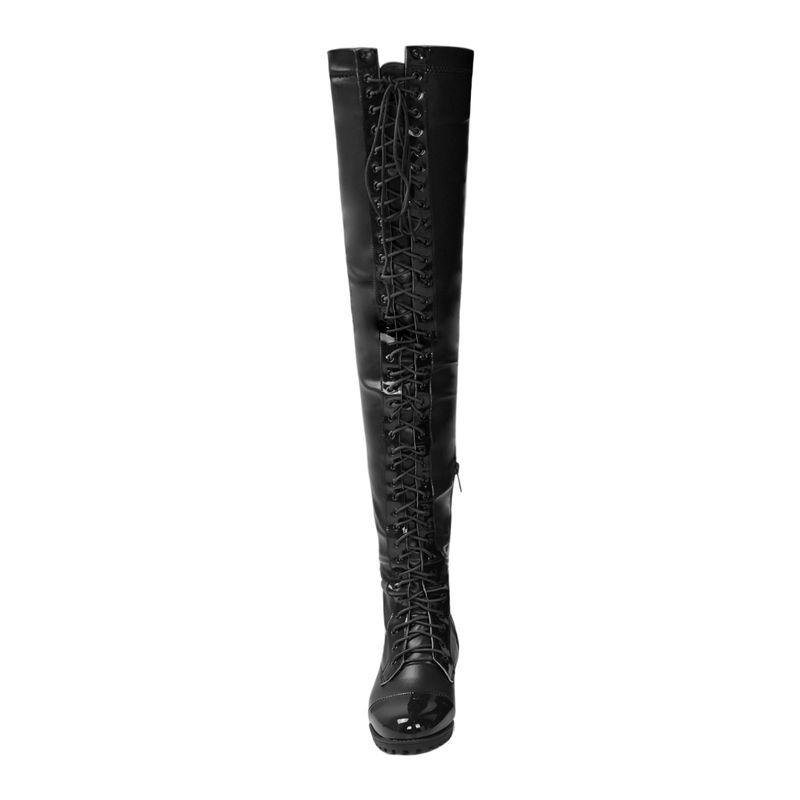 Neue sexy Schnürstiefeletten aus Leder mit seitlichem Reißverschluss und niedrigem Absatz und über dem Knie in Übergröße für Damen_voghion.com