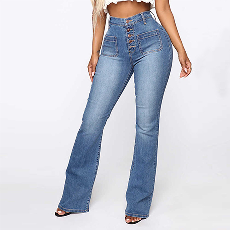 jeans di grandi dimensioni da donna pantaloni in denim a vita alta lavati con tasca applicata_voghion.com