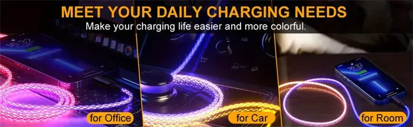 Câble de chargement USB-C pour voiture, lumière colorée RVB 120 W 6 A, transfert de données rapide, compatible avec iPhone/Samsung/Xiaomi_voghion.com