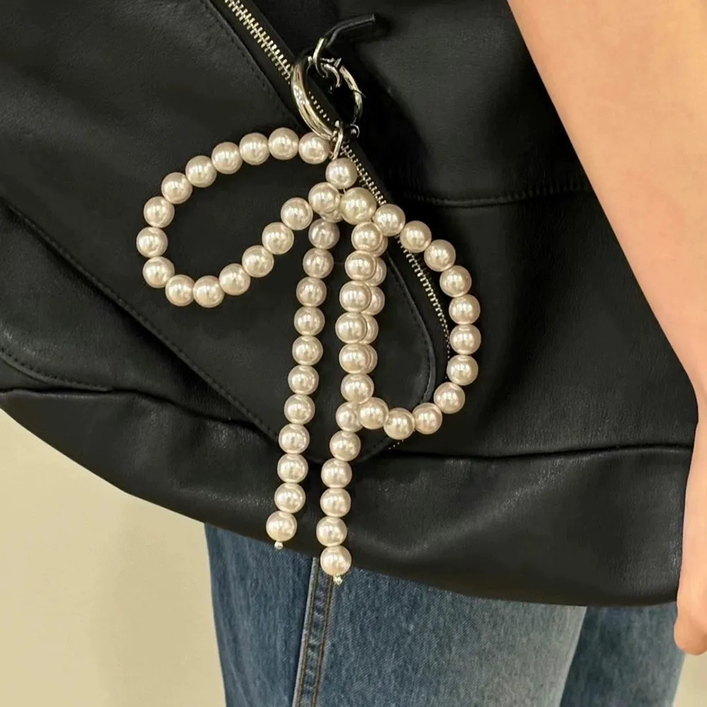 Portachiavi coreano Y2K con perline, fatto a mano, a forma di fiocco, portachiavi a forma di cuore, ornamento con perle, decorazione per borse e telefoni_voghion.com