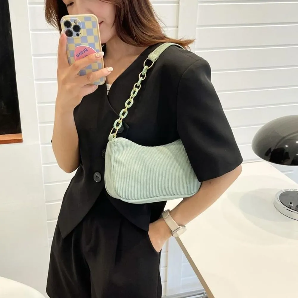 Hobo Chain Corduroy Shoulder Bag Korean Style Solid Color Crossbody Storage Makeup Lipstick Veet Underarm_voghion.com