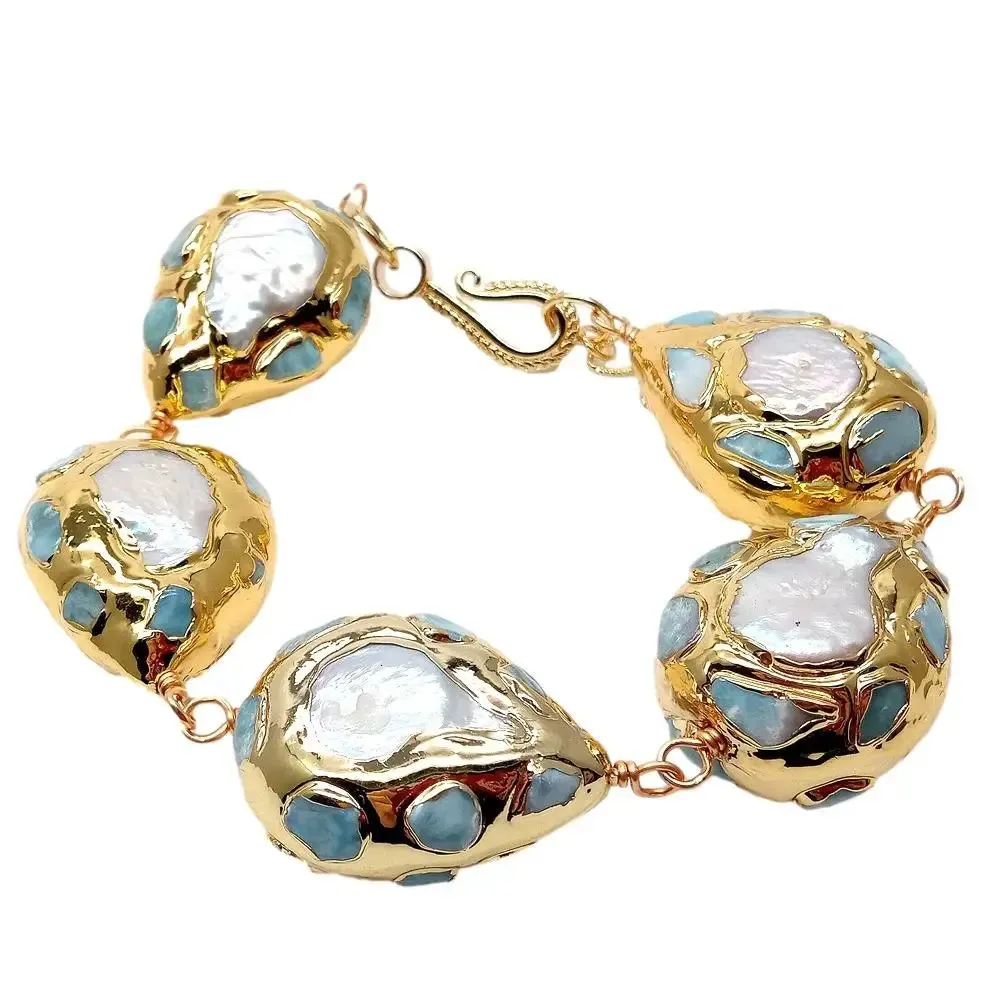 Pulsera de perlas y larimar chapada en oro para mujer_voghion.com