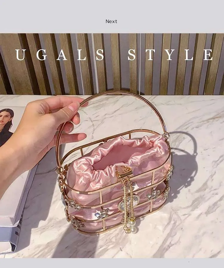 Modische Damen-Handtasche mit ausgehöhltem Metallkäfig, glitzernd, glänzend, für Abendveranstaltungen, Hochzeiten, Partys, Clutch, Umhängetasche_voghion.com