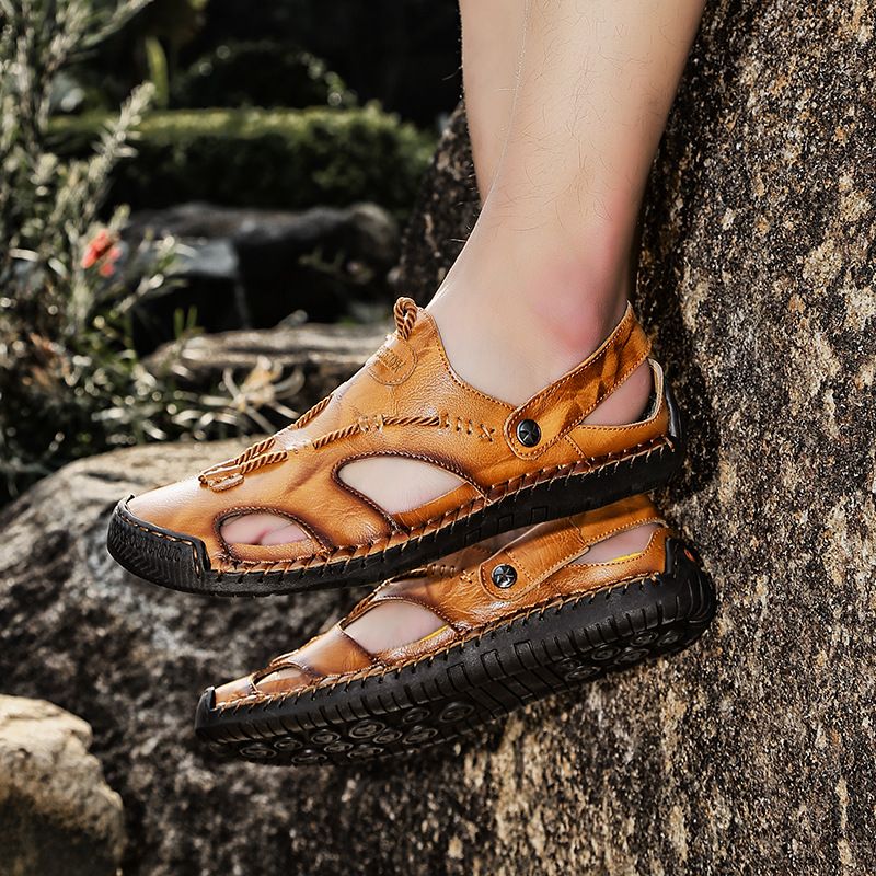2024 New Summer Baotou Breathable Handmade Casual Leather Sandals Dual purpose Set, Trendy Lazy Beach Shoes_voghion.com