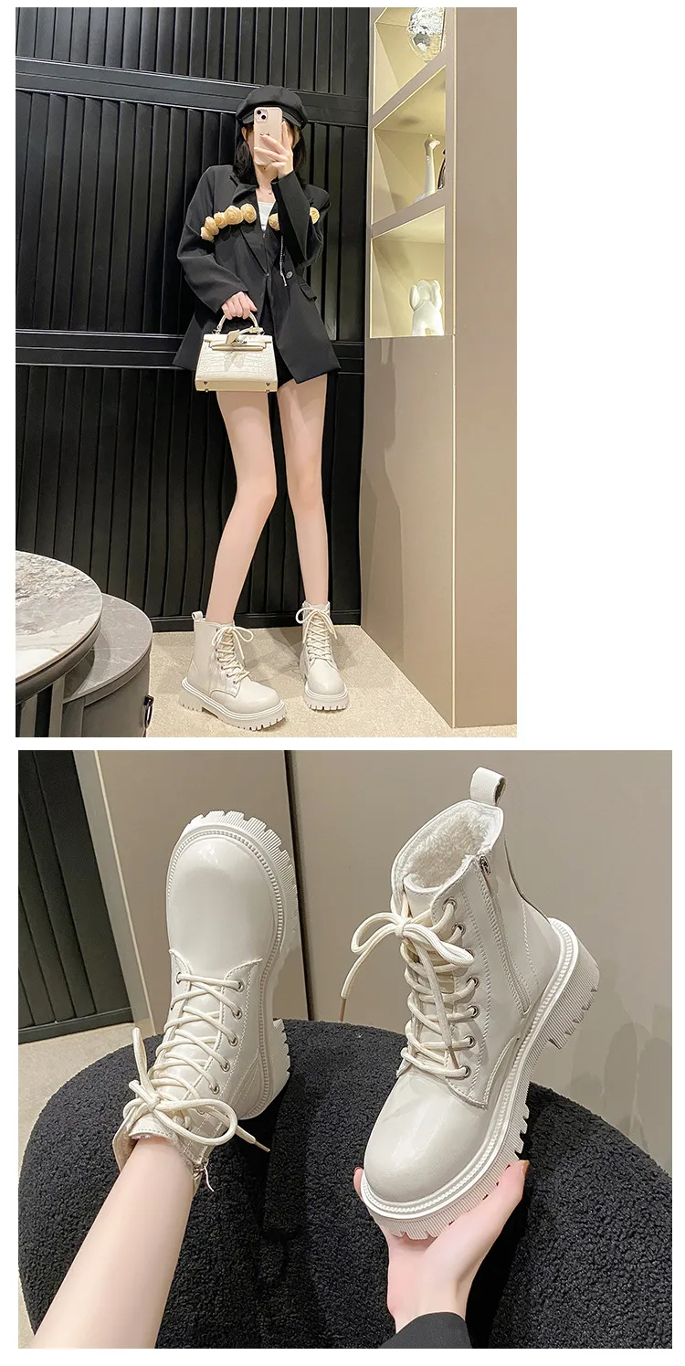 2024 Frete grátis novo estilo britânico pelúcia espessada moda sola grossa para botas femininas em branco e preto 35-42_voghion.com