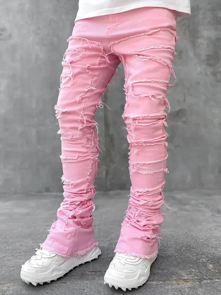 High Street Weiße Herren Stacked Jeans Stretched Patchwork Tassel Damaged Denim Volle Länge Hosen Hippop Hosen Für Männer_voghion.com