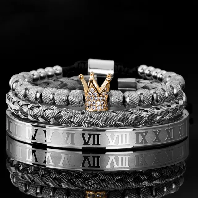 3 stk/sett Micro Pave CZ Crown Roman Royal Charm Men Armbånd Rustfritt stål Krystaller Armbånd Par Håndlagde smykker_voghion.com
