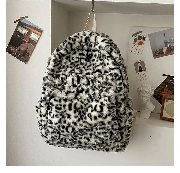 Leopard Print Fluffy Backpack Y2k Preppy Style Vintage Rucksack_voghion.com