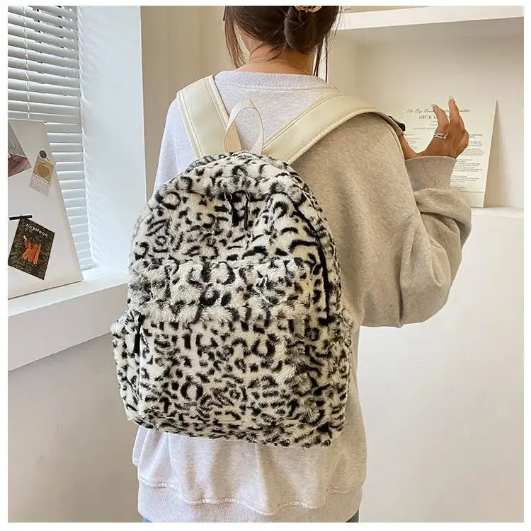 Leopard Print Fluffy Backpack Y2k Preppy Style Vintage Rucksack_voghion.com