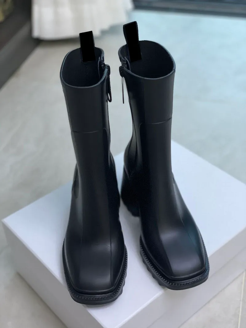 Women's Black Knee-high Waterproof Rain Boots With Platform Sole_voghion.com