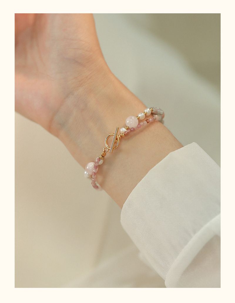 Braccialetto alla moda barocco da donna francese irregolare esotica con perle a doppio strato e fibbia OT in tormalina rosa_voghion.com