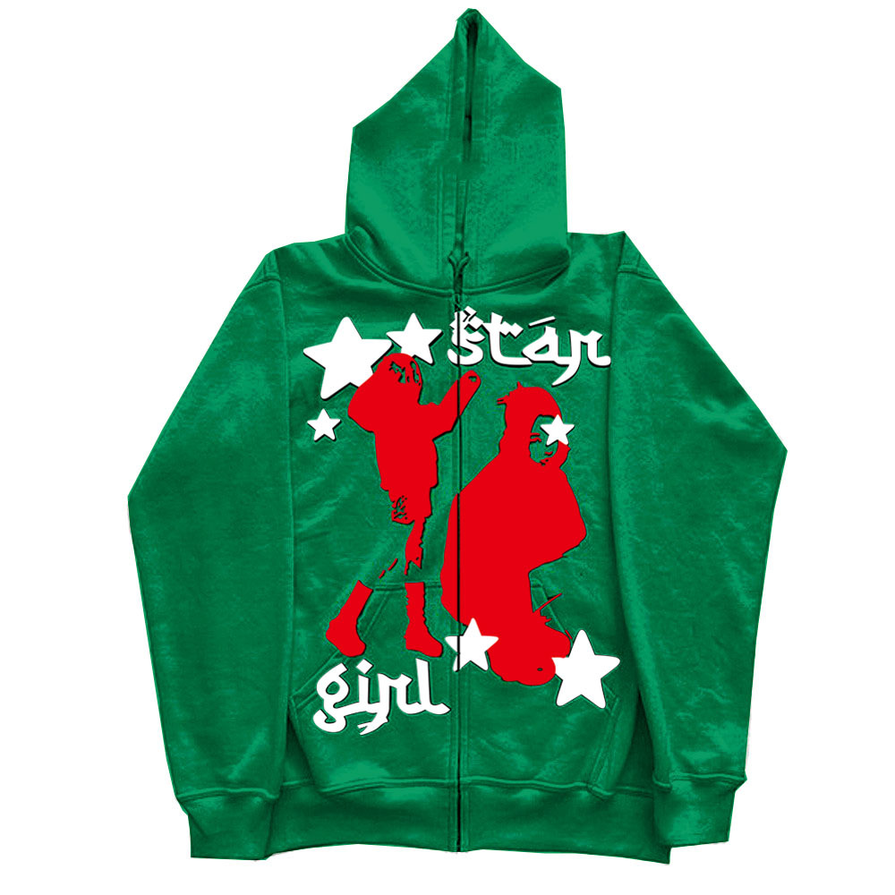 Felpa con cappuccio e cerniera nera con stampa Star Girl, abbigliamento da uomo, street hip hop_voghion.com