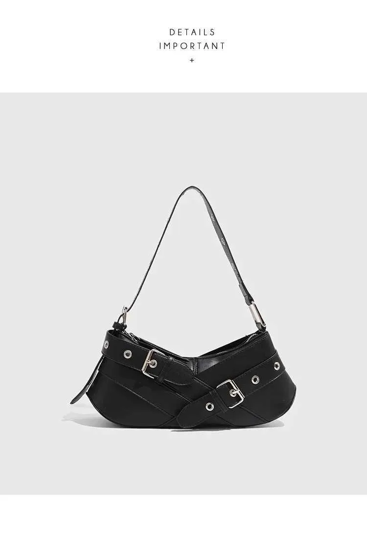 Retro belt decoration shoulder designer armrest punk motorcycle bag Pu leather womens handbag Y241216_voghion.com