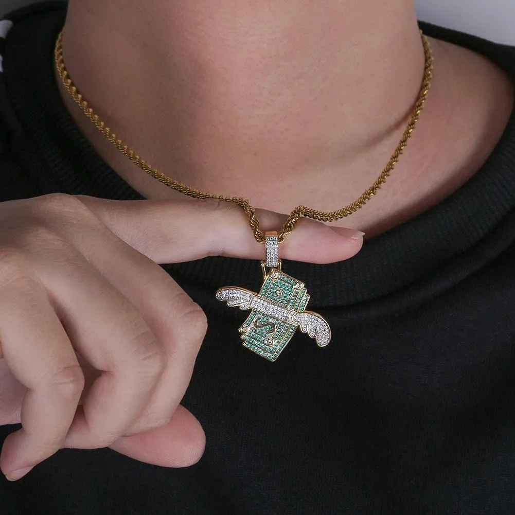 Nuova collana ghiacciata Flying Cash Solid Pendant Collane da uomo personalizzate Hip Hop Oro Argento Colore Charm Catene da donna_voghion.com
