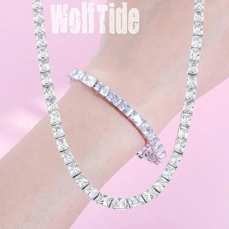 Cadenas de 6 mm con circonita cúbica brillante, cadena baguette, collar, pulsera, diamante cuadrado, joyería de oro de Hip Hop, bisutería, collar_voghion.com