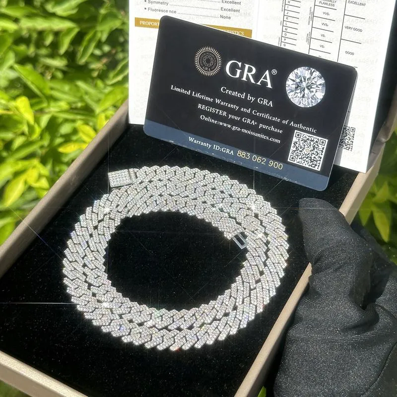 Catene di gioielli di design GRA VVS Moissanite Collana cubana per uomo Bracciale da 14 mm Catena a maglie in argento con diamanti_voghion.com