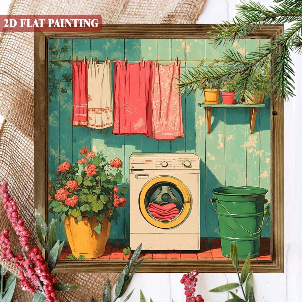 Retro träskylt för tvättstuga - 20x20 cm nyckfull klädstreckdekor. Lekfull väggkonst för badrum eller kontor._voghion.com