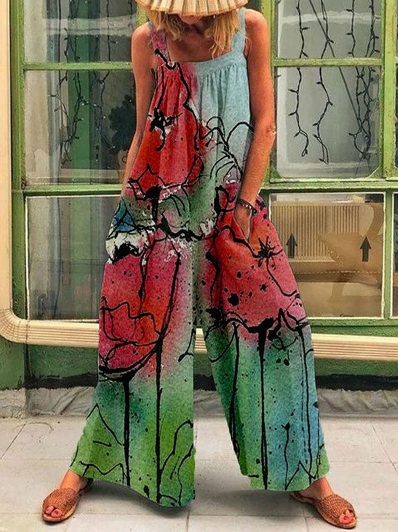 Women's 2023 Summer New Large Fashion Print Loose Strap Wide Leg Jumpsuit_voghion.com