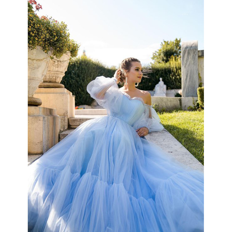 Women's line shoulder gauze long wedding dress swing dress_voghion.com