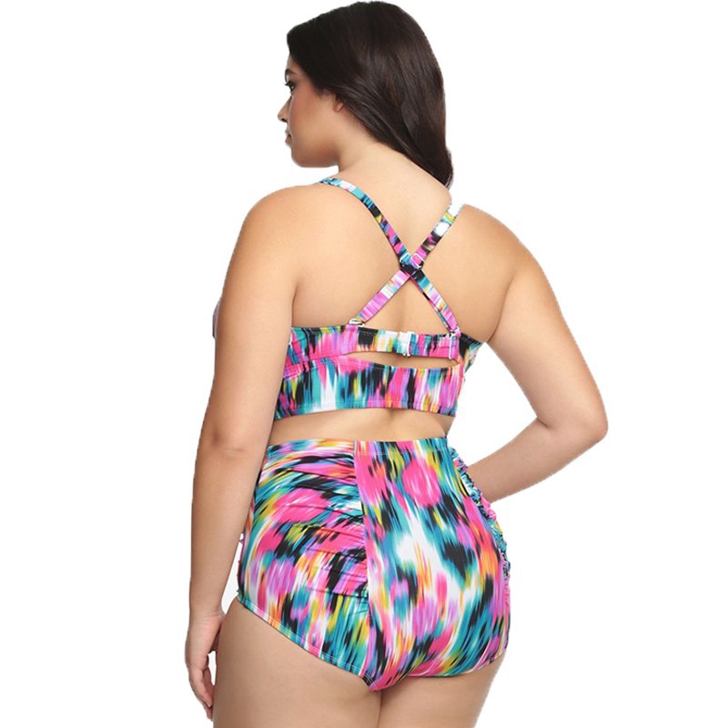 Large Size Plus Bikini Swimsuit High Waist Printed Two Piece Solid Color Women's Vacation Sexy Suit_voghion.com