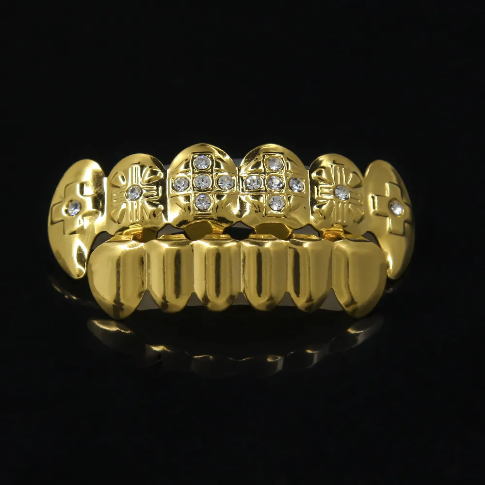 Mundzubehör Bio Kupfer vergoldet Hip Hop Schmuck Zähne Grillz Caps oben und unten goldene Grills Set Zahnfassung_voghion.com