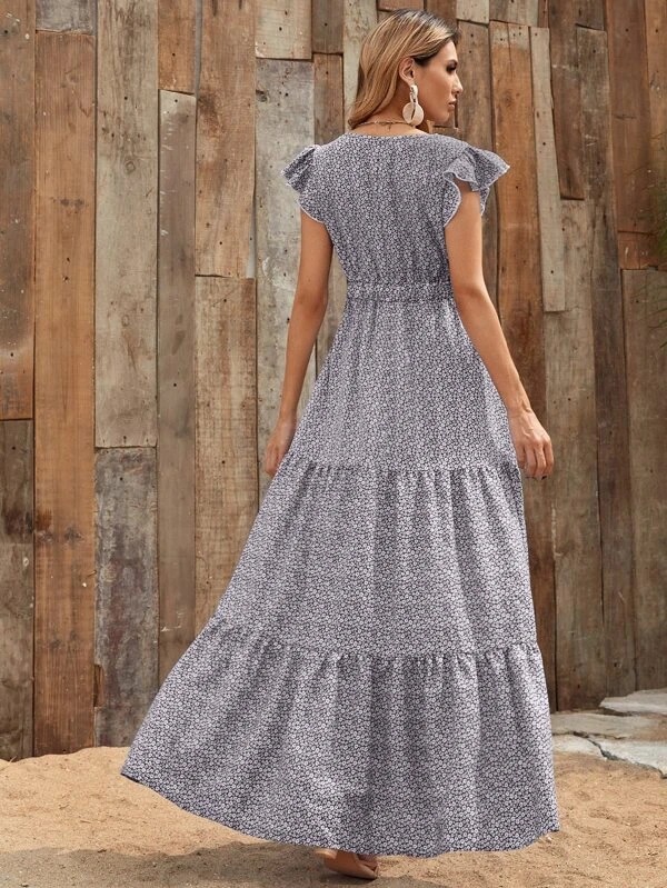 Abito lungo da donna con scollo a V, vita alta, stampa floreale, maniche corte e strati, modello hot 2024_voghion.com