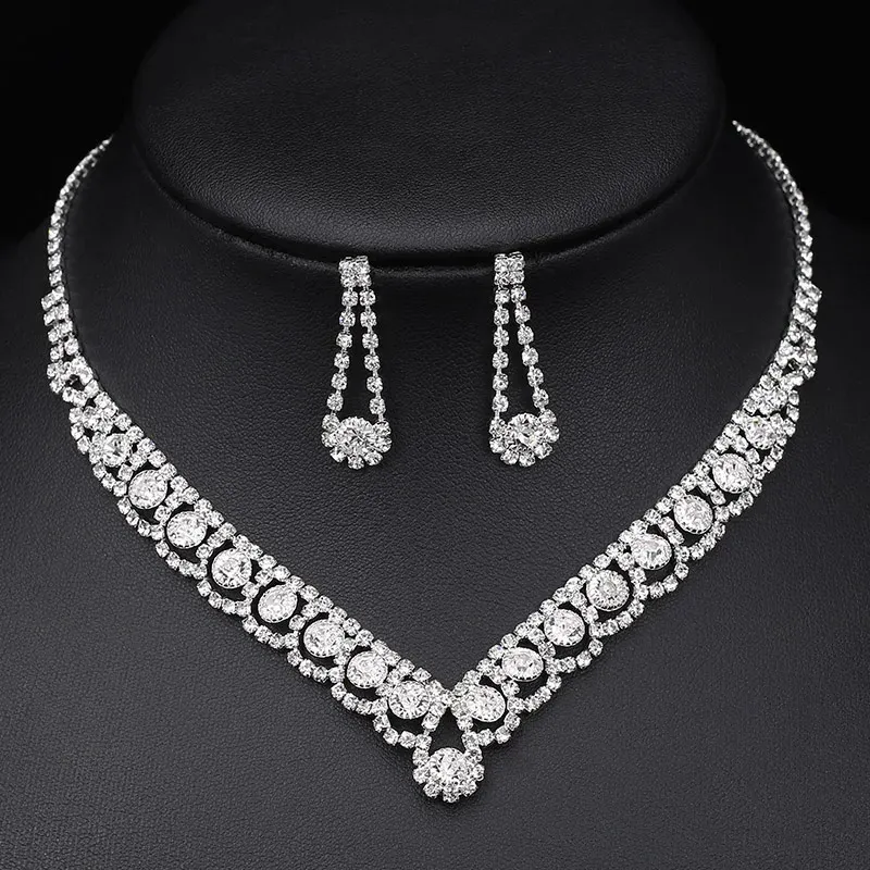 Conjuntos de joyas de boda TREAZY Sier Color Rhinestone Cristal nupcial para mujeres Collar Pendientes Pulsera Conjunto Accesorios_voghion.com