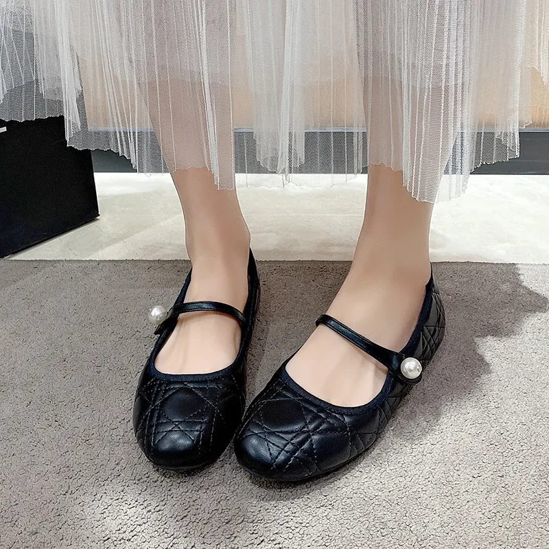 Dia check fibbia perla suola morbida Mary Jane singolo 2024 primavera/estate nuovo bocca francese e con scarpe da ballo principessa_voghion.com