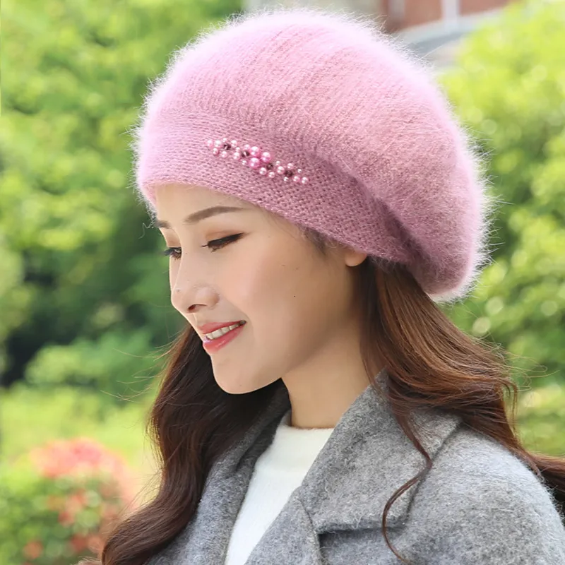 BeanieSkull Caps Beret Women Winter Hat Angora Autumn Knit Beanie Warm Thick Pearl Double Layers Snow Skiing Outdoor_voghion.com