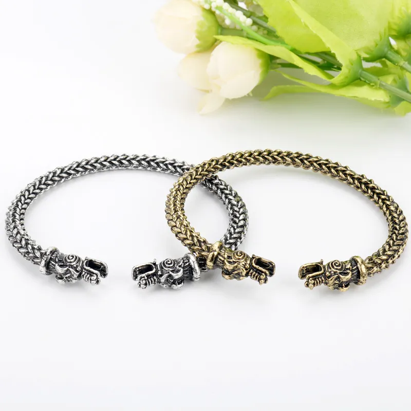 Viking Dragon Bracelet For Men Open Cuff Silver And Bronze Tone_voghion.com