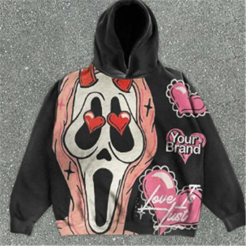 Sudadera con capucha de diseñador Y2K Hip Hop con estampado de dibujos animados de calaveras, abrigo negro Ultra David, ropa gótica para hombres y mujeres_voghion.com