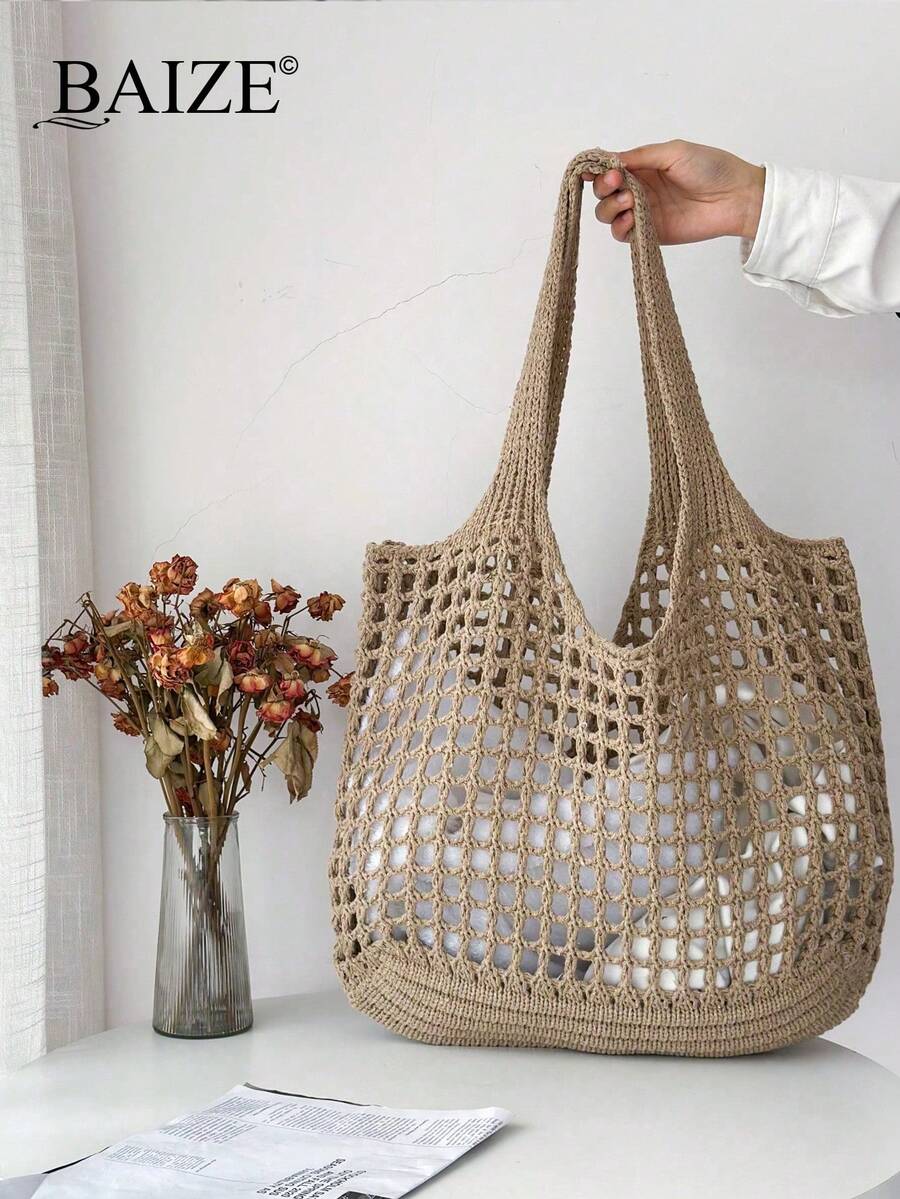 Borsa da shopping/da spiaggia/da spiaggia/da donna, minimalista, di grande capacità, leggera, pieghevole e spaziosa, ideale per l'estate._voghion.com